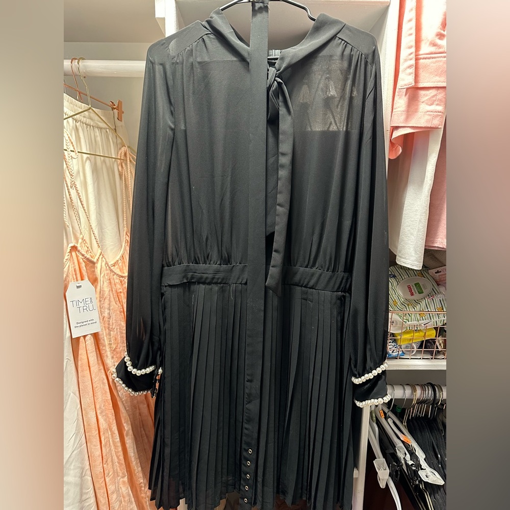 Long sleeve sheer top pleated bottom dress with belt and pearl detailing